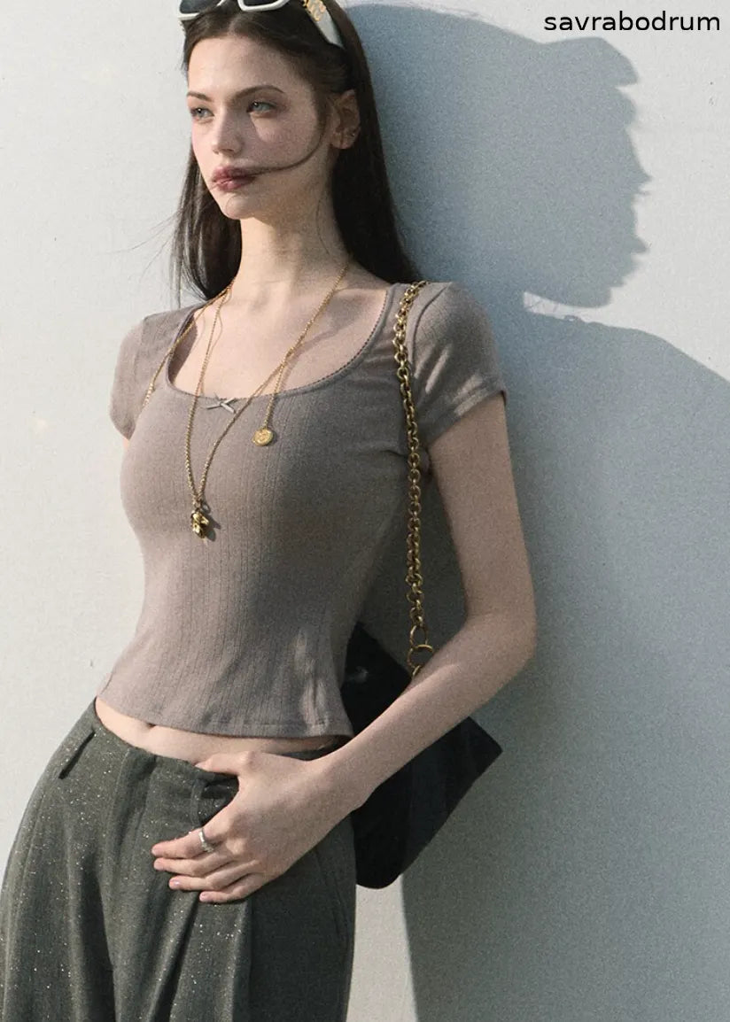 Iced Mint Lace-Trim U-Neck Top